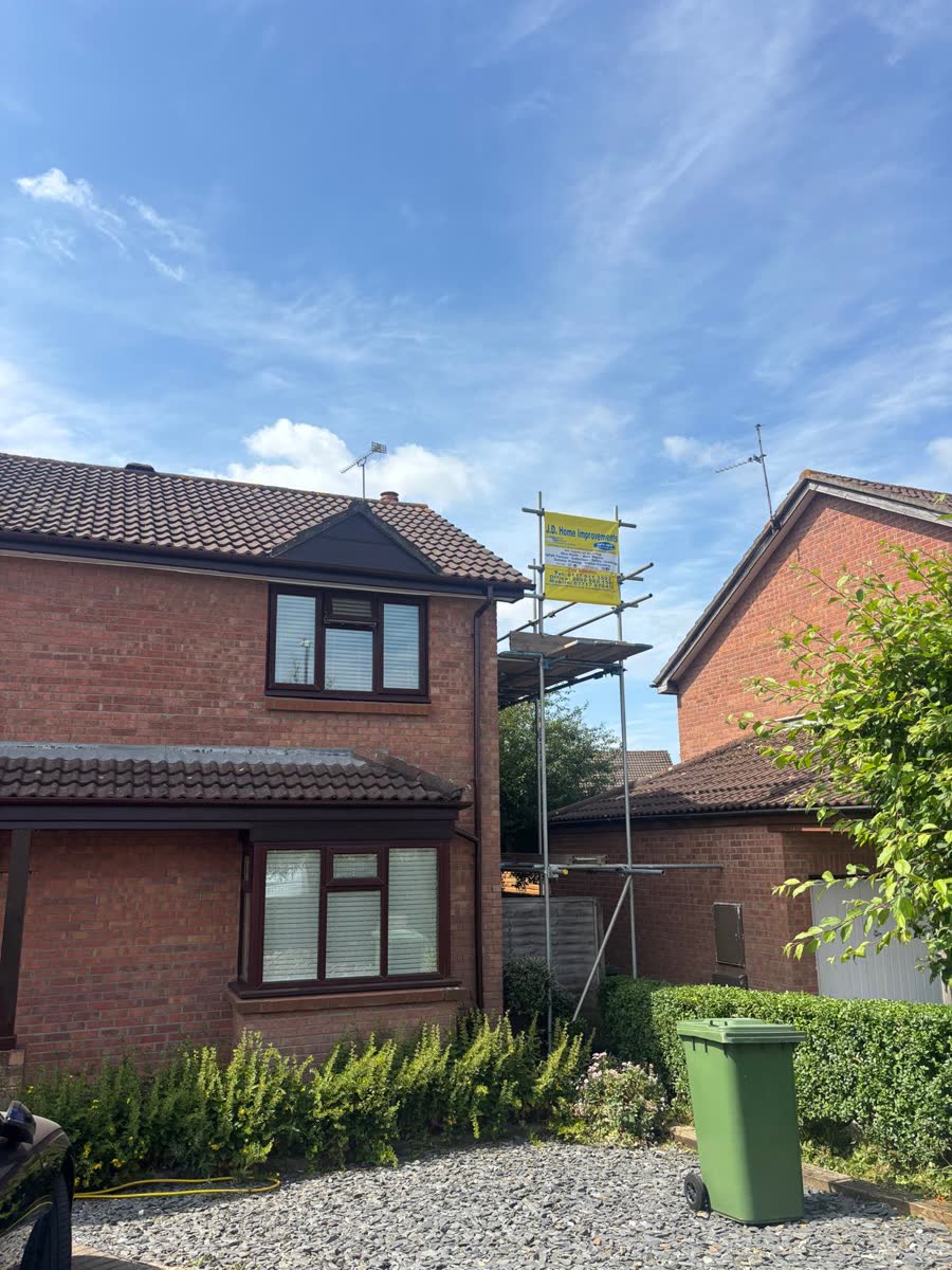 House with scaffold up for roof work in Thornbury