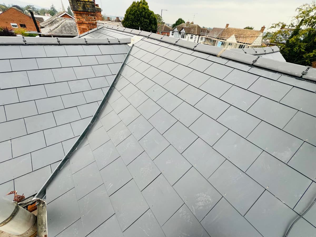 Close view of a valley on a finished slate roof, Thornbury